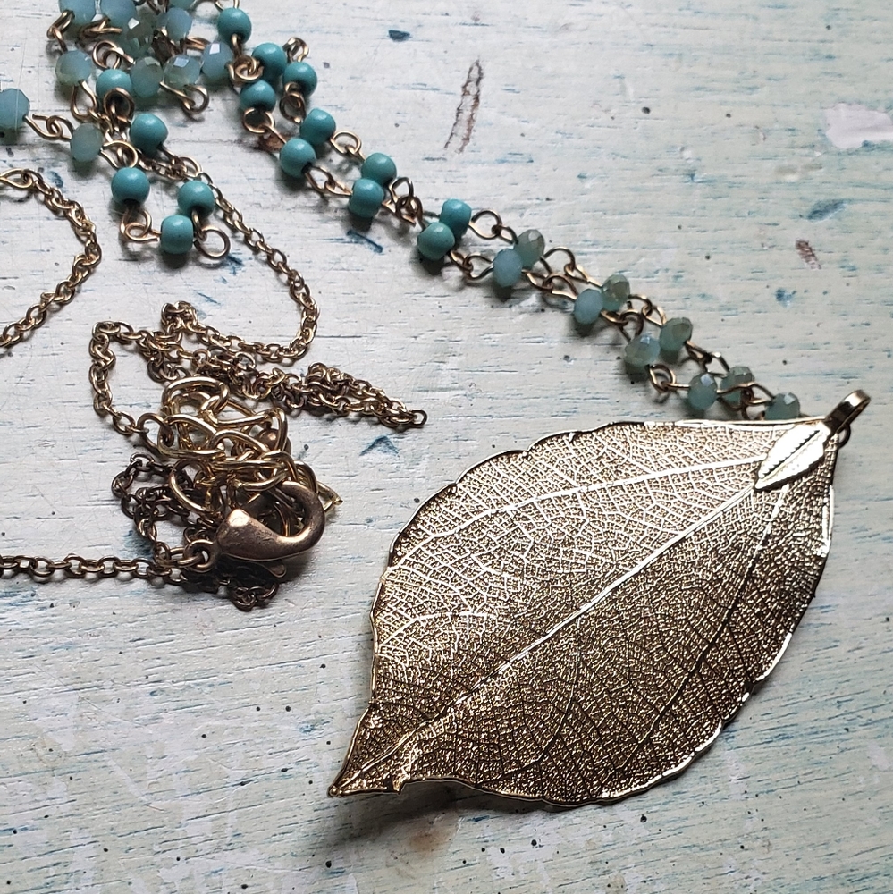 Turquoise beaded gold Leaf necklace